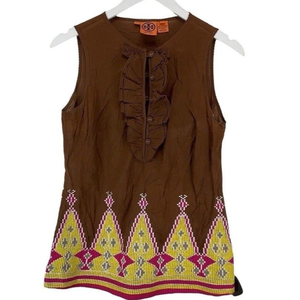 Tory Burch Tunic Top Size 10 Brown Yellow Embellished Ruffle Silk Boho V-Neck - Picture 5 of 7
